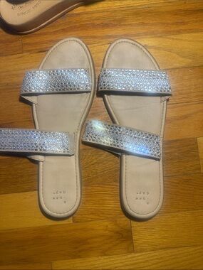 Women's Beige Slide Sandals with Sparkling Silver Straps